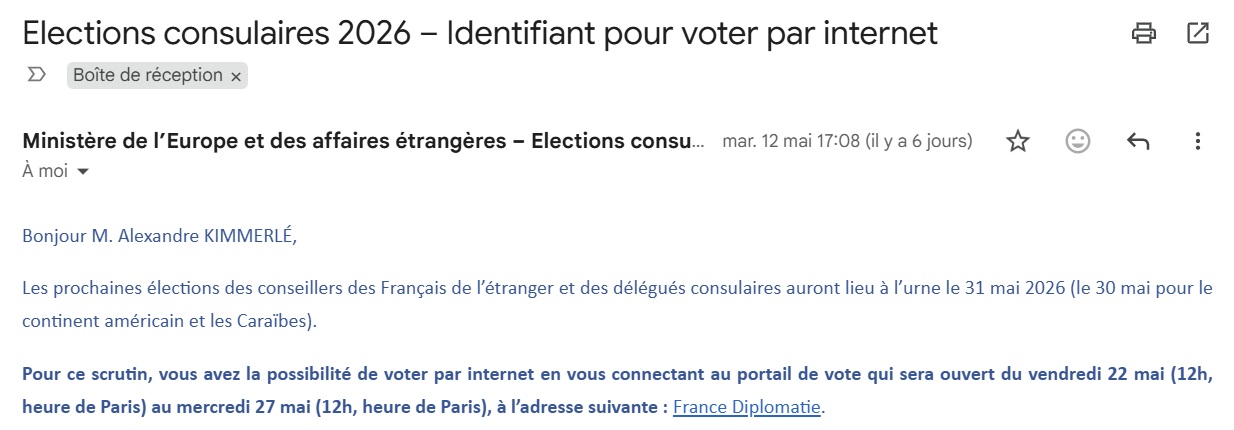 Email contenant les identifiants de vote